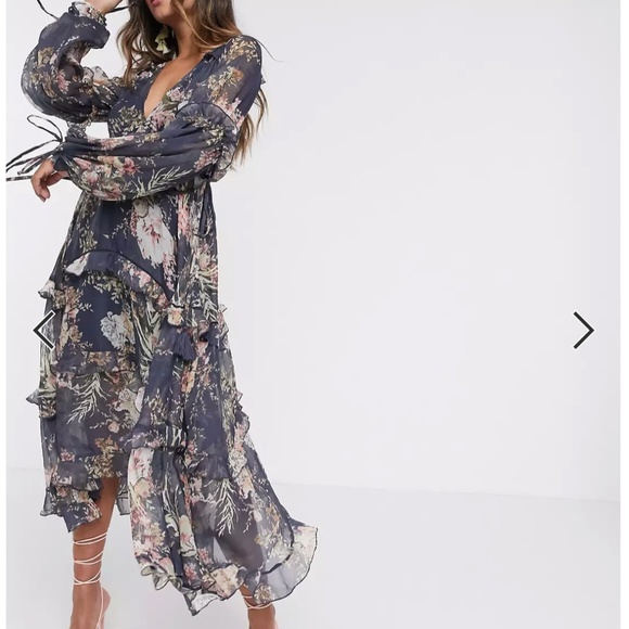 Navy Floral Dress - Tiered Maxi - Picture 4 of 4